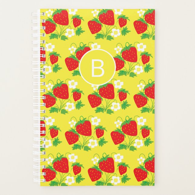 Strawberry and Flower Yellow Pattern Monogrammed Planner (Front)