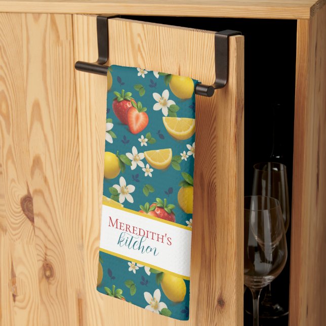 Strawberry and Lemon Botanical Pattern Tea Towel (Thirds Fold)