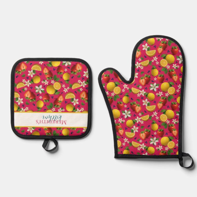 Strawberry and Lemon Fresh Fruit Pattern Oven Mitt & Pot Holder Set (Front)