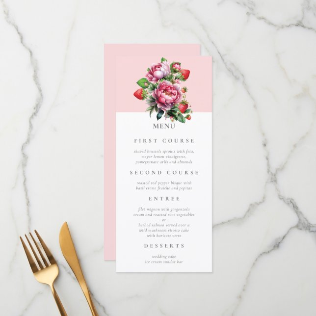 Strawberry and Peonies Summer Wedding Menu (Front/Back In Situ)