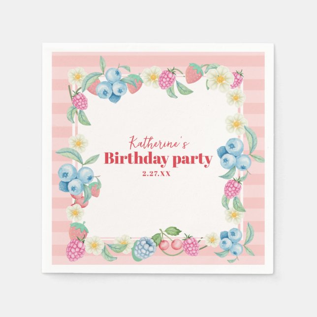Strawberry and raspberries Birthday Blush Pink Napkin (Front)