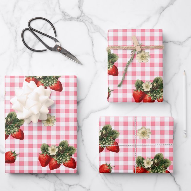 Strawberry and red gingham cute gift wrap sheets (Front)