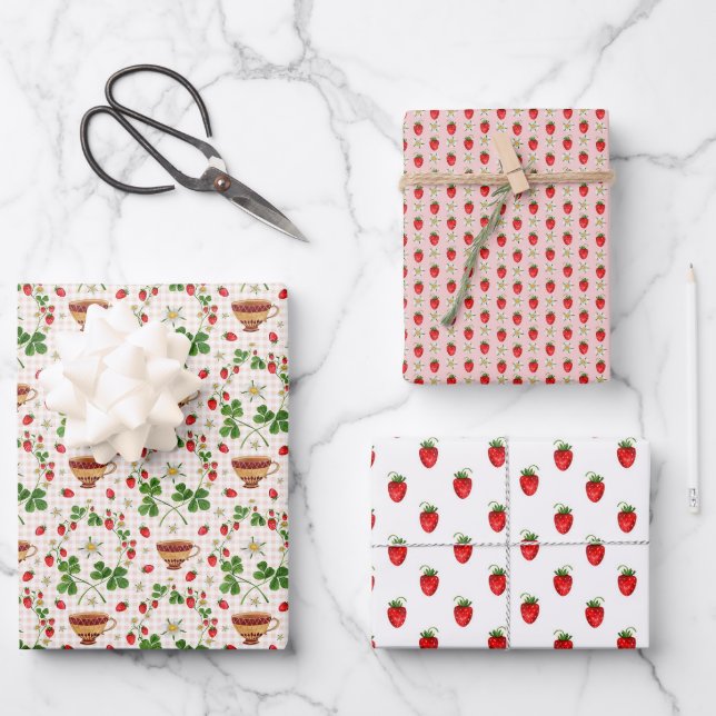 Strawberry and tea wrapping paper set (Front)