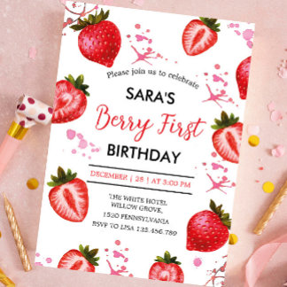 Strawberry and White Party 1st Birthday for Girl Invitation