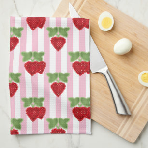 Strawberry applique on striped background retro tea towel