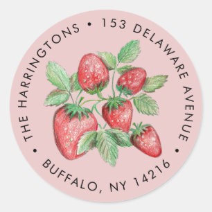 Strawberry Art Pink Botanical Return Address Classic Round Sticker
