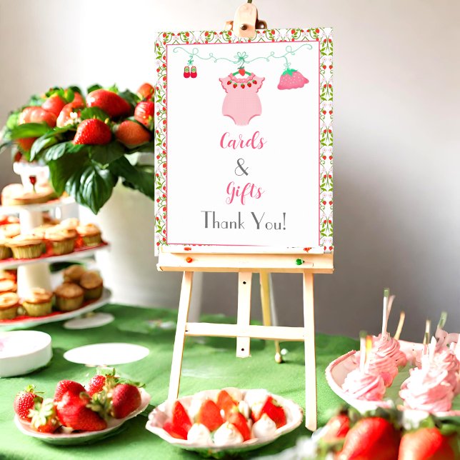Strawberry Baby Outfit Baby Shower Cards & Gifts Poster (Gifts Galore: Strawberry Baby Outfit Shower Poster Presents Perfectly Arranged!)