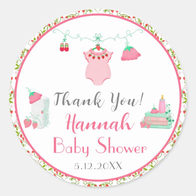 Strawberry Baby Outfit Thank You Baby Shower Classic Round Sticker (Front)