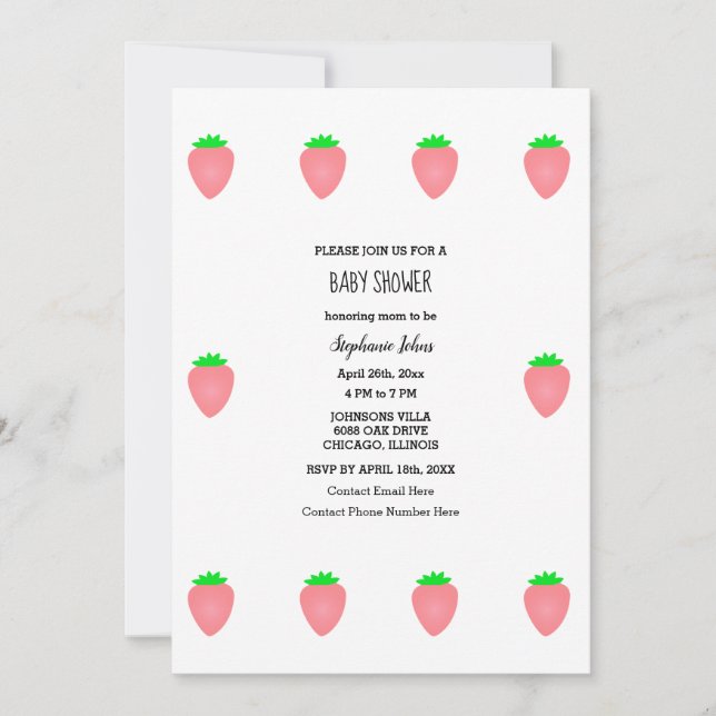 Strawberry Baby Shower Baby Girl Pink White Cute Invitation (Front)