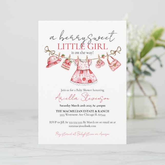 Strawberry baby shower, berry sweet baby shower invitation (Standing Front)