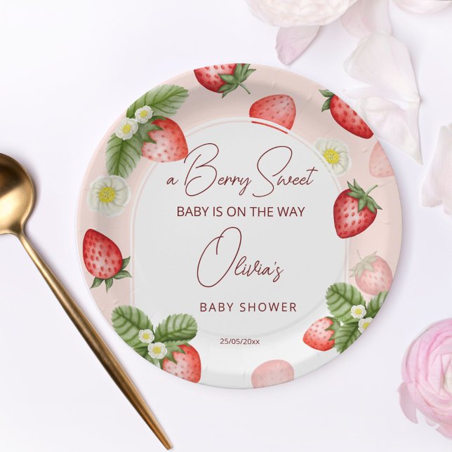 Strawberry baby shower berry sweet template paper plate (Strawberry baby shower personalized tableware berry sweet template paper plates)
