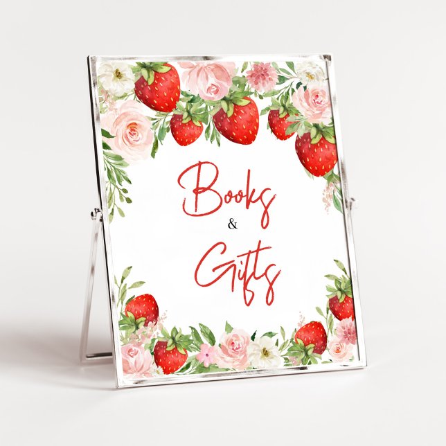 Strawberry Baby Shower Books and Gifts Poster (Pink Floral Strawberry Baby Shower Books and Gifts Sign)