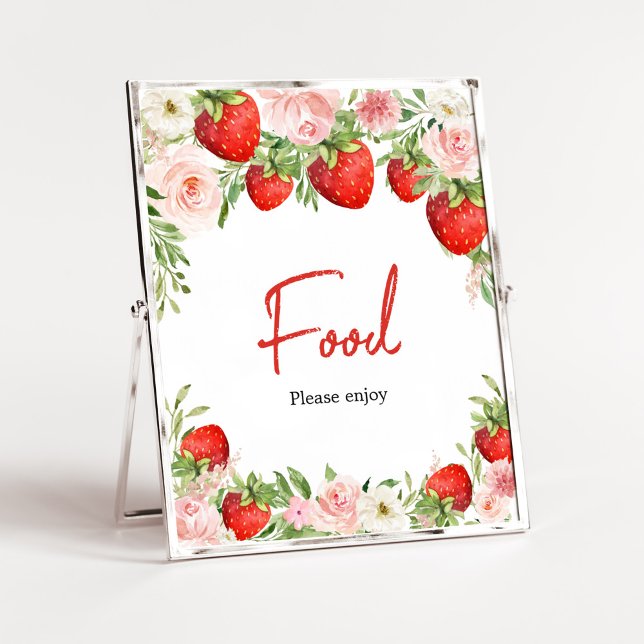 Strawberry Baby Shower Food Poster (Pink Floral Strawberry Baby Shower Food Sign)