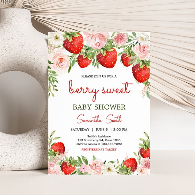 Strawberry Baby Shower  Invitation (Pink Floral Strawberry Baby Shower Invitation)