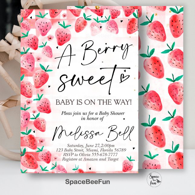 Strawberry Baby Shower Invitation Berry Sweet Baby (Strawberry invites,Baby Shower,Invitation,Berry Sweet,Baby on the way,Girl Baby,shower Invite,)