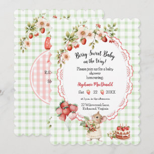 Strawberry Baby Shower Invitation- Green Gingham Invitation