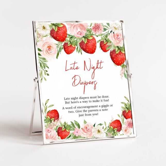 Strawberry Baby Shower Late Night Diapers Poster (Pink Floral Strawberry Baby Shower Late Night Diapers Sign)