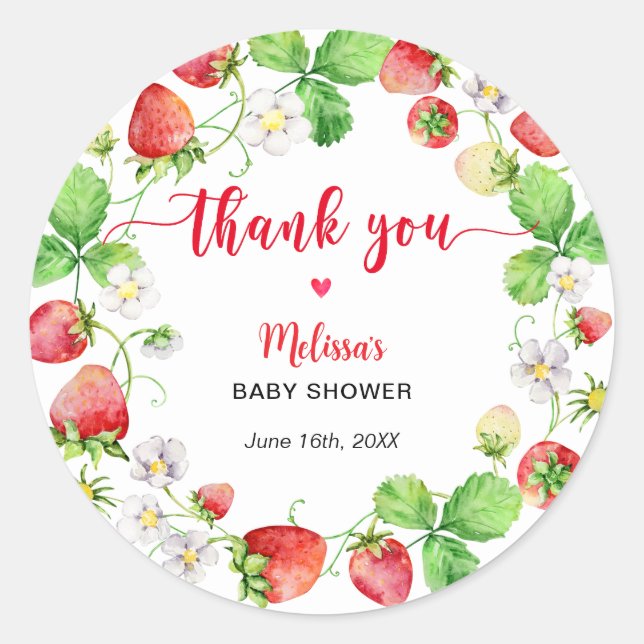Strawberry Baby Shower Thank You Classic Round Sticker (Front)