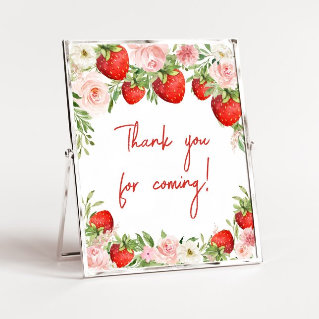 Strawberry Baby Shower Thank you for Coming Poster (Pink Floral Strawberry Baby Shower Thank you for Coming Sign)