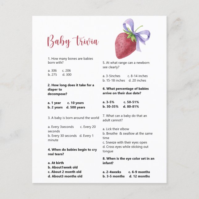 Strawberry Baby Trivia | Baby Shower Game (Front)