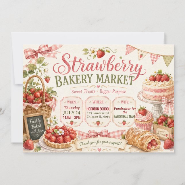 Strawberry Bakery Market Design Invitation (Front)