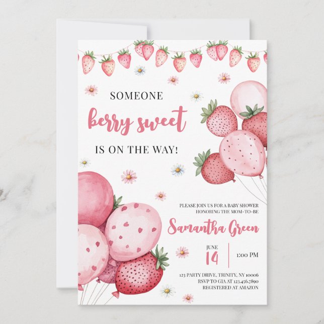 Strawberry Balloon Baby Shower Invitation (Front)