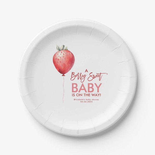 Strawberry Balloon Red and Pink Baby Shower Paper Plate (Front)
