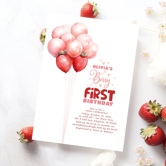 Strawberry Balloons Berry First Girls Birthday Invitation (Berry First Birthday Invitations - Strawberry Themed)