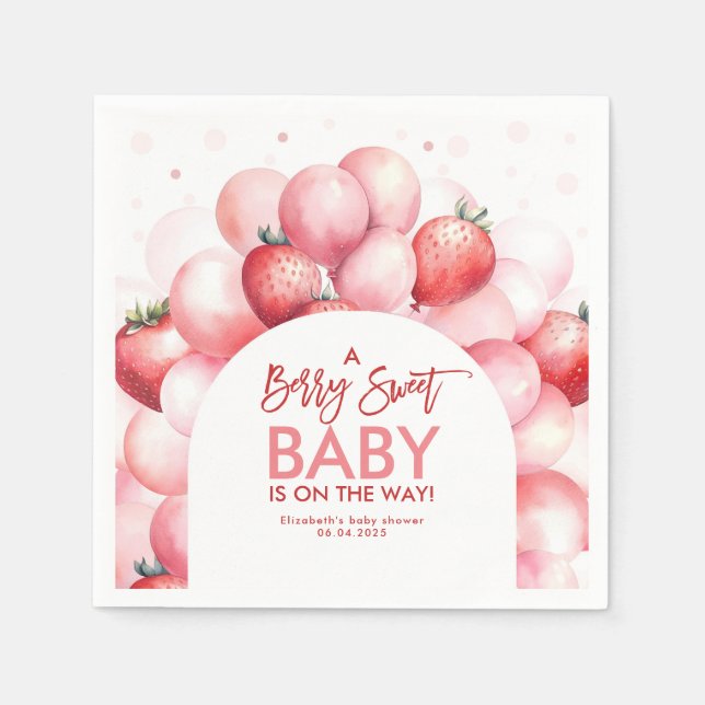 Strawberry Balloons Red and Pink Baby Shower Napkin (Front)