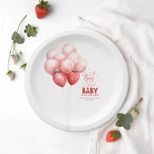 Strawberry Balloons Red and Pink Baby Shower Paper Plate (Creator Uploaded)