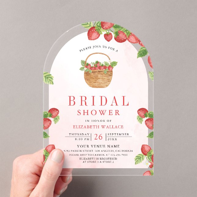 Strawberry Basket Berry Sweet Arch Bridal Shower Acrylic Invitations (Insitu (Handheld))