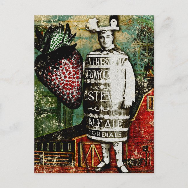 Strawberry Beer Guy - Vintage Ephemera Collage Postcard (Front)