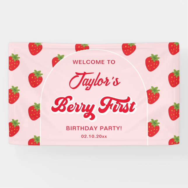 Strawberry Berry 1st Birthday Party Welcome Banner (Horizontal)
