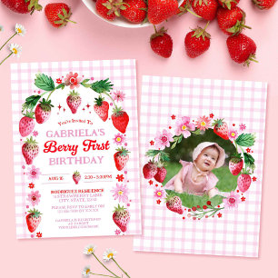 Strawberry Berry 1st Birthday Watercolor Photo Invitation