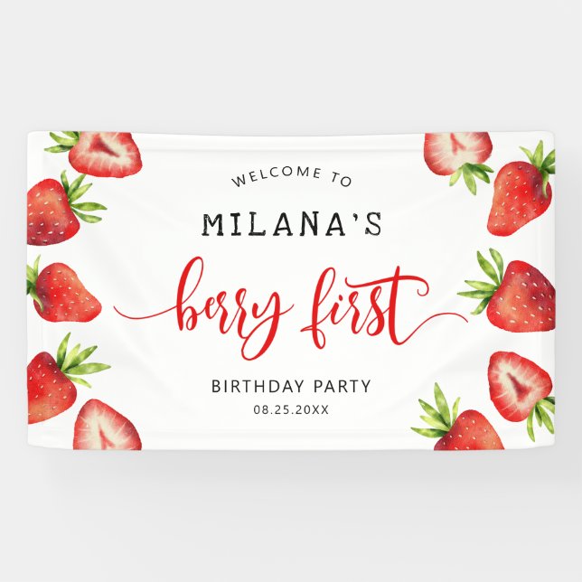 Strawberry Berry 1st Girls Birthday Party Banner (Horizontal)