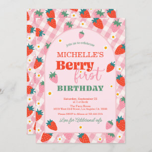 Strawberry Berry First 1st Birthday Gingham Invitation