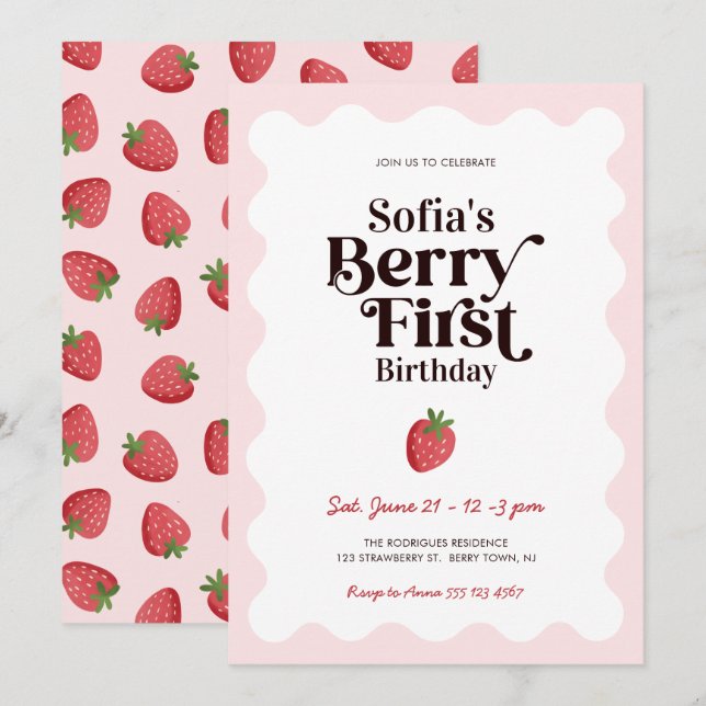 Strawberry Berry First 1st Birthday Invitation (Front/Back)