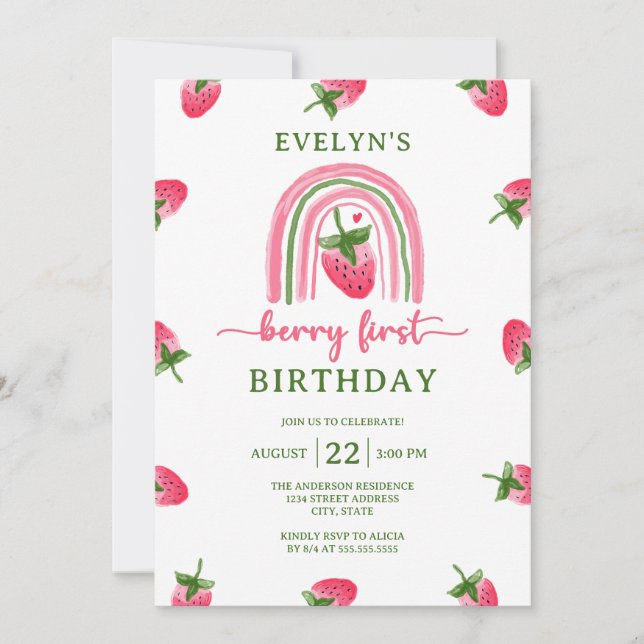 Strawberry Berry First 1st Birthday Invitation (Front)