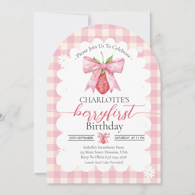 Strawberry Berry First 1st Birthday Party Photo  Invitation (Front)