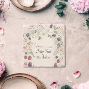 Strawberry Berry First 1st Birthday Party  Stone Coaster