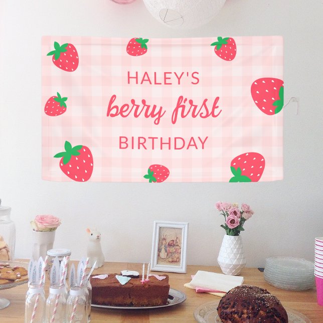 Strawberry Berry First 1st Cute Baby Pink Birthday Banner (Creator Uploaded)