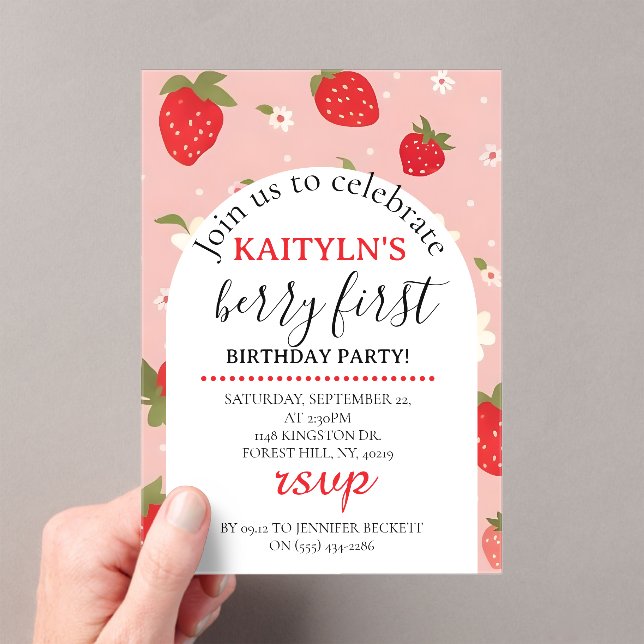 Strawberry Berry First Birthday Acrylic Invitations (Insitu (Handheld))