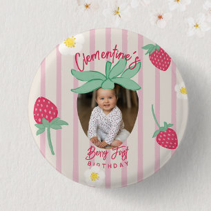 Strawberry Berry First Birthday Button with Photo