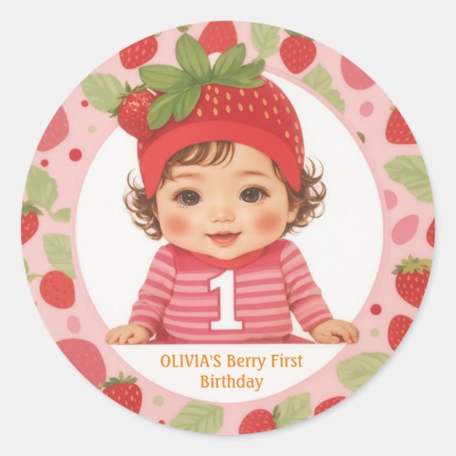 Strawberry Berry First Birthday Classic Round Stic Classic Round Sticker (Front)