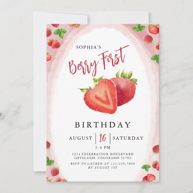 Strawberry Berry First Birthday Girl Invitation (Front)