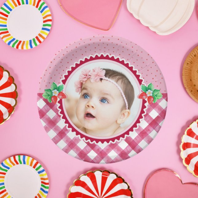 Strawberry Berry First Birthday Girl Party Photo Paper Plate (strawberry 1st birthday photo girl paper plate)