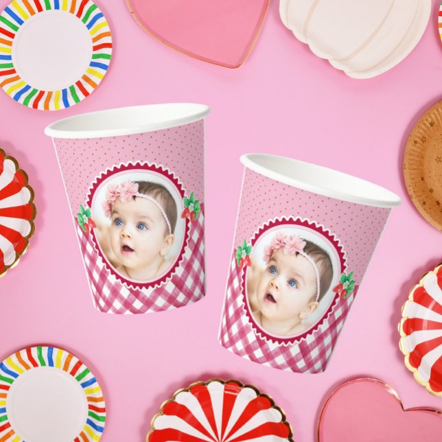 Strawberry Berry First Birthday Girl Photo Party Paper Cups (Strawberry First Birthday Photo Girl paper cup)