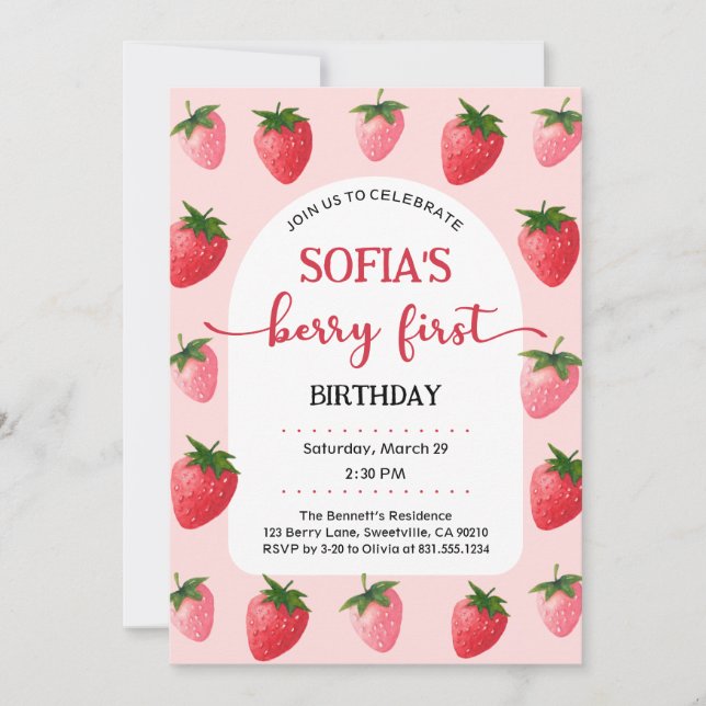 Strawberry Berry First Birthday Invitation (Front)
