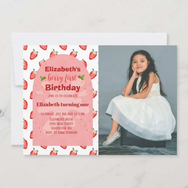 Strawberry Berry First Birthday Invitation (Front)