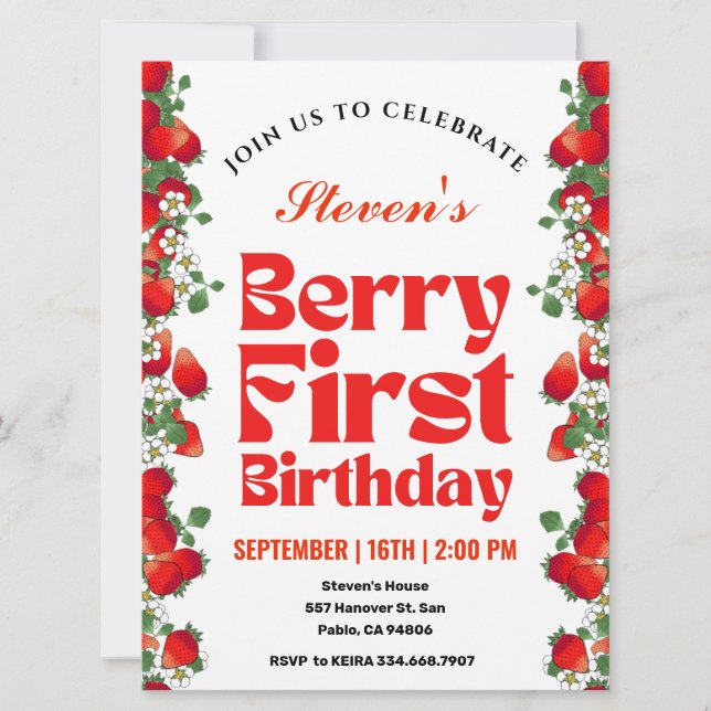 Strawberry Berry First Birthday Invitation (Front)